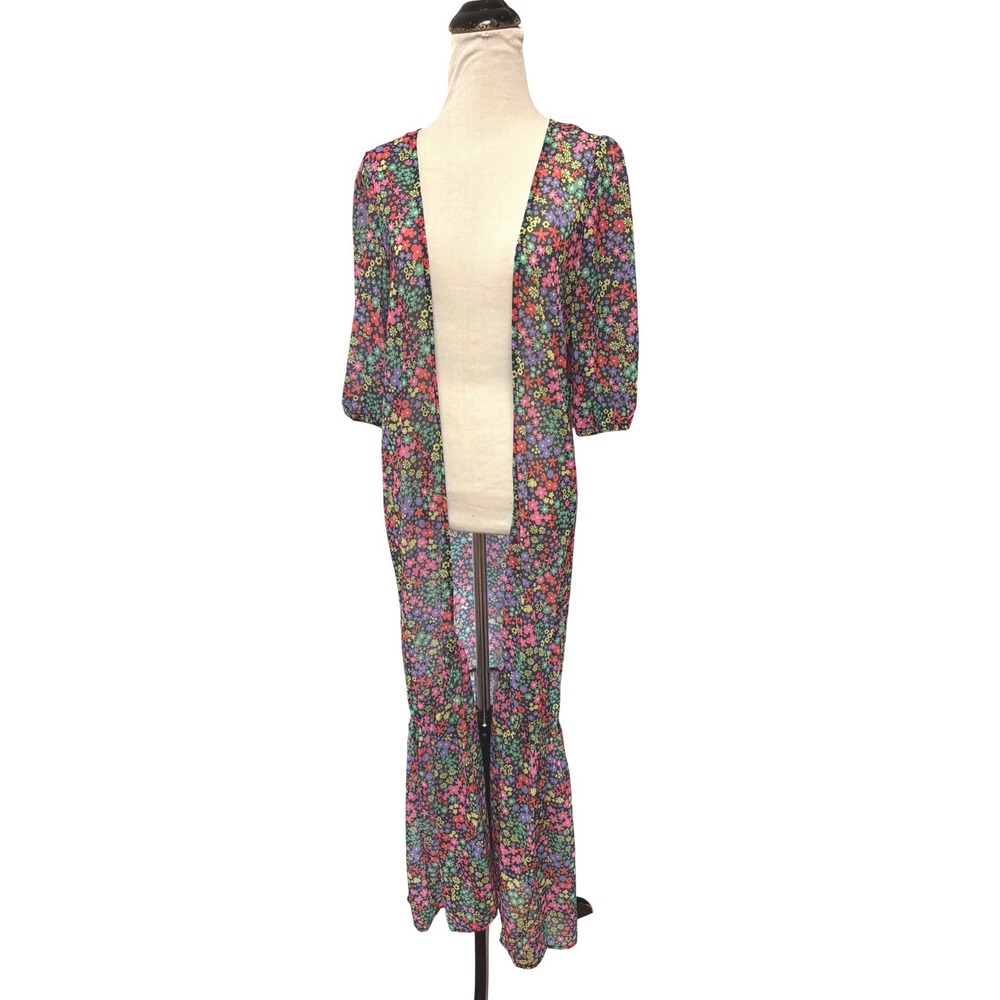 The Frolic Floral Chiffon Maxi Duster Open Front Swim Cover Up Multi Color Sz 4